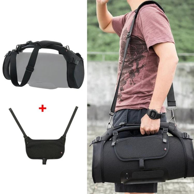 Shoulder Strap Case For Bluetooth Speaker For Commuting shown worn crossbody with mesh panels and accessory pouch