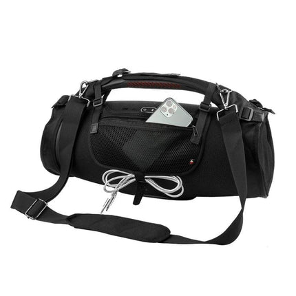 Compact black Shoulder Strap Case For Bluetooth Speaker For Commuting with mesh pocket, shoulder strap, and hands-free carry