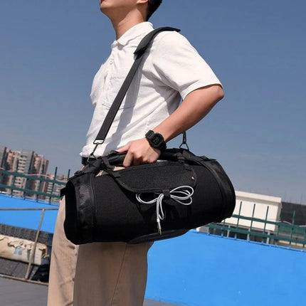 Shoulder Strap Case For Bluetooth Speaker For Commuting shown on a commuter carrying a portable speaker case hands-free
