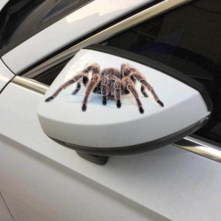 Decorative Scratch Cover Car Body Sticker in Black Spider Design on white car mirror covering scuff with realistic 3D spider decal