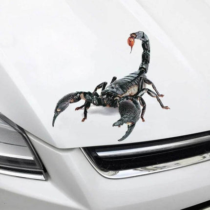 Decorative Scratch Cover Car Body Sticker in Black Spider Design - 3D PVC scorpion-style decal covering scratches on white car hood