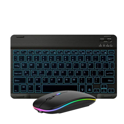 10-Inch RGB Backlit Bluetooth Keyboard and Mouse Set for Tablets showing slim wireless keyboard with blue backlight and RGB mouse