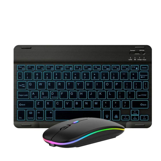10-Inch RGB Backlit Bluetooth Keyboard and Mouse Set for Tablets showing slim wireless keyboard with blue backlight and RGB mouse