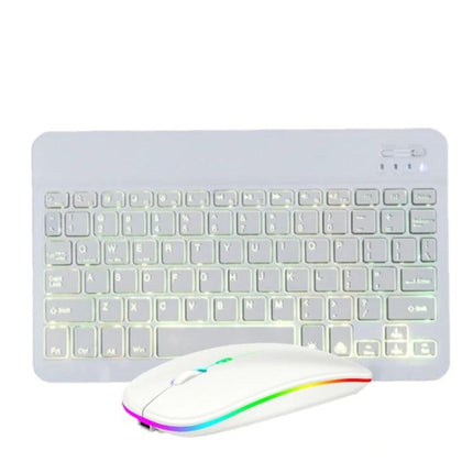 10-Inch RGB Backlit Bluetooth Keyboard and Mouse Set for Tablets shown in white with rainbow RGB lighting