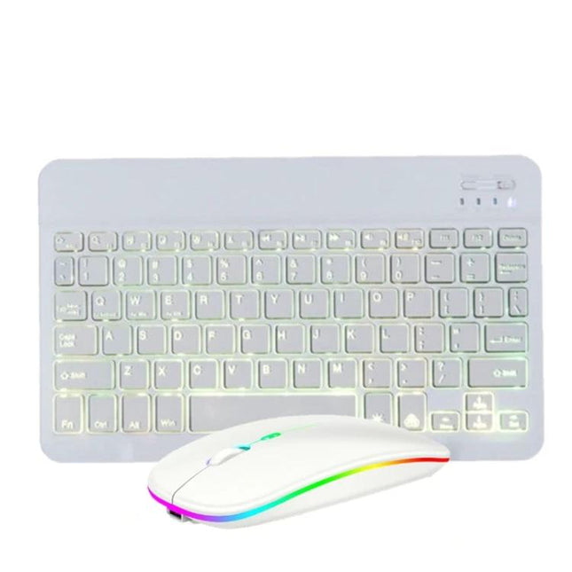 10-Inch RGB Backlit Bluetooth Keyboard and Mouse Set for Tablets shown in white with rainbow RGB lighting