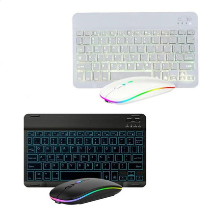 10-Inch RGB Backlit Bluetooth Keyboard and Mouse Set for Tablets showing white and black Bluetooth keyboard with RGB backlit mouse