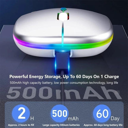 Silent RGB Backlit Bluetooth Wireless Mouse for Daily Use - white slim wireless mouse with RGB light strip and USB charging cable