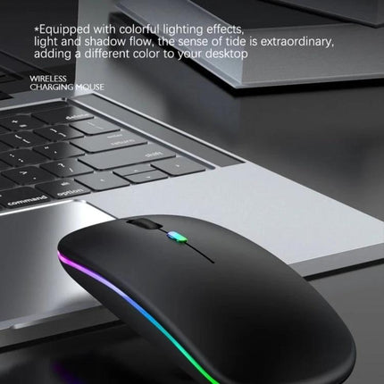 Silent RGB Backlit Bluetooth Wireless Mouse for Daily Use on a desk showing slim black mouse with RGB lighting next to a laptop