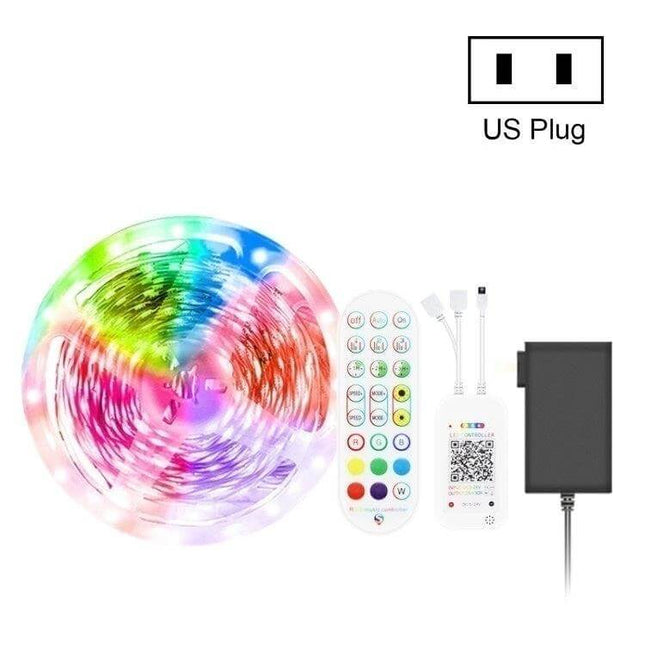 Bluetooth Music LED Light Strip 5M For Home Ambience - multicolor roll with remote, controller, and US plug for indoor/outdoor waterproof lighting