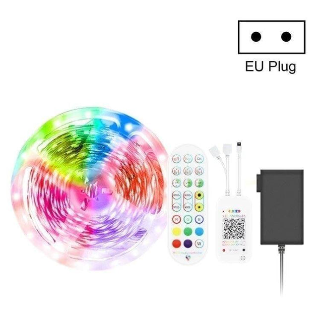 Bluetooth Music LED Light Strip 5M For Home Ambience - waterproof RGB strip with remote, Bluetooth app controller, and EU plug adapter