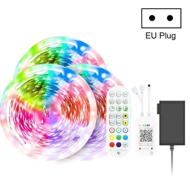 Bluetooth RGB LED Strip For Home Ambience With Remote showing three RGB LED tape reels, remote, controller and EU plug adapter