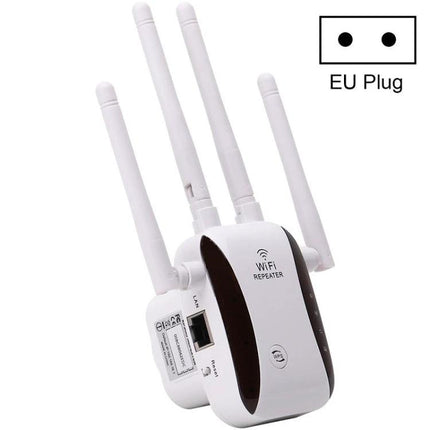 Wireless WiFi Repeater for Extending Home Network Coverage - white 4-antenna EU plug wall-mounted signal booster with LAN port