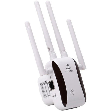 Wireless WiFi Repeater for Extending Home Network Coverage - white quad-antenna wall plug WiFi repeater for eliminating dead zones