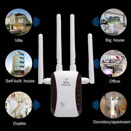 Wireless WiFi Repeater for Extending Home Network Coverage - 4-antenna wall plug extender for villa, office, duplex, apartment coverage