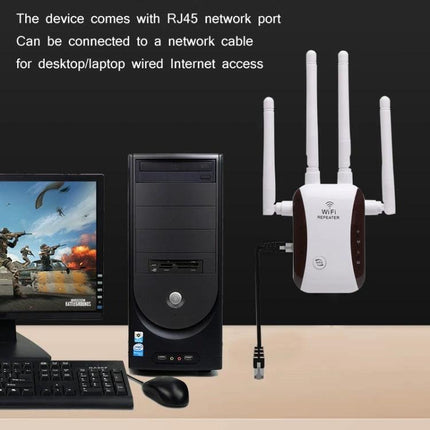 Wireless WiFi Repeater for Extending Home Network Coverage wall-mounted repeater with four antennas connected to desktop PC via RJ45 cable