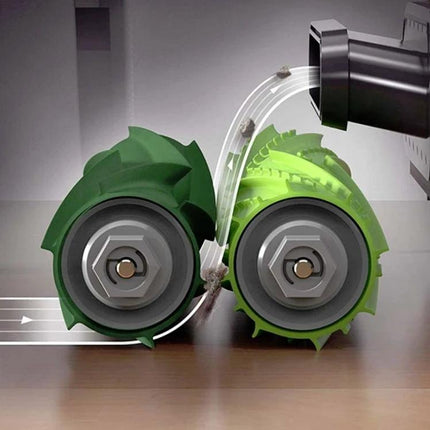 iRobot Roomba i7 E5 E6 Replacement Brush and Filter Set - close-up of green dual rubber brushes lifting dirt and debris