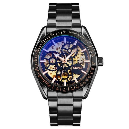 SKMEI Men's Automatic Skeleton Mechanical Watch with Steel Band showing black steel bracelet and transparent skeleton dial with visible gears