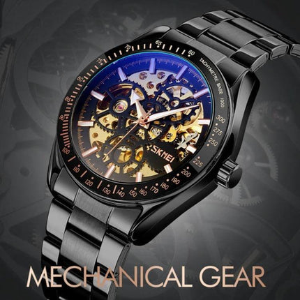 SKMEI Men's Automatic Skeleton Mechanical Watch with Steel Band showing black steel bracelet and transparent skeleton dial revealing gold gears