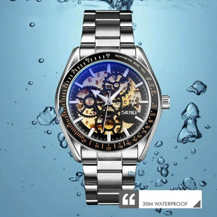 SKMEI Men's Automatic Skeleton Mechanical Watch with Steel Band showing transparent dial, visible gears and stainless steel bracelet, 30M waterproof