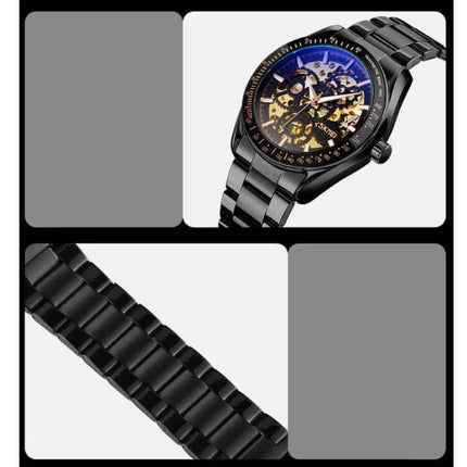 SKMEI Men's Automatic Skeleton Mechanical Watch with Steel Band showcasing black steel bracelet and transparent skeleton dial