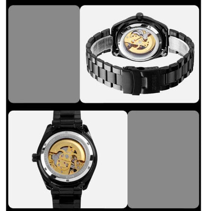 SKMEI Men's Automatic Skeleton Mechanical Watch with Steel Band showcasing black steel bracelet and visible gold automatic movement