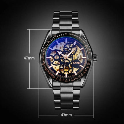 SKMEI Men's Automatic Skeleton Mechanical Watch with Steel Band showing transparent dial and steel bracelet, 47mm case and 43mm width