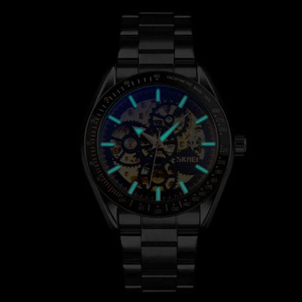 SKMEI Men's Automatic Skeleton Mechanical Watch with Steel Band showcasing luminous hands and visible gears on transparent dial