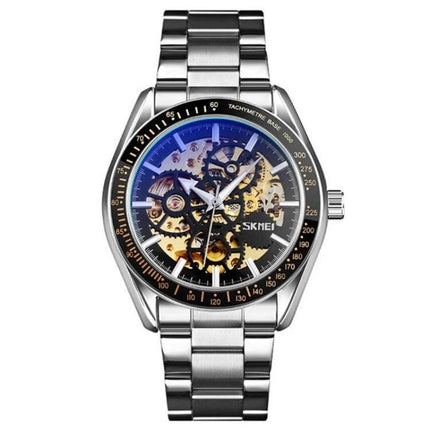 SKMEI Men's Automatic Skeleton Mechanical Watch with Steel Band - stainless steel automatic skeleton dial showing gears