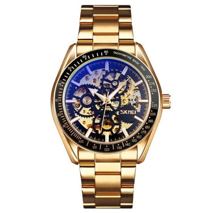 SKMEI Men's Automatic Skeleton Mechanical Watch with Steel Band - gold skeleton automatic watch with transparent dial and steel bracelet