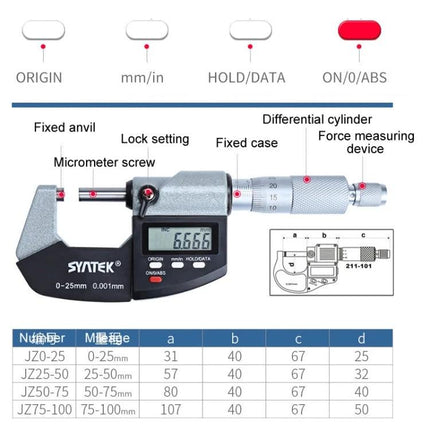 Digital Micrometer for Precise Diameter and Thickness Measurement — 0-25mm 0.001mm resolution digital micrometer with LCD, lock setting, fixed anvil and ratchet