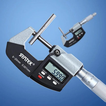 Digital Micrometer for Precise Diameter and Thickness Measurement showing 0.001mm resolution digital readout in workshop setting