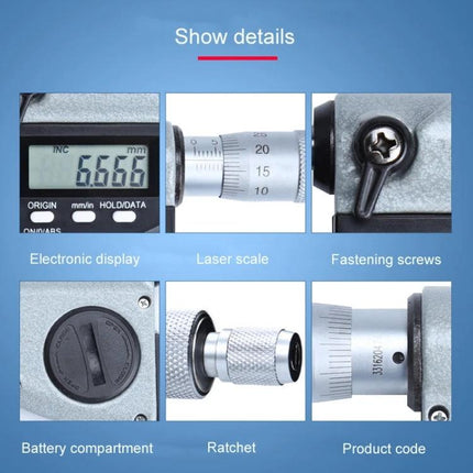 Digital Micrometer for Precise Diameter and Thickness Measurement - close-up of electronic display, laser scale, ratchet, battery compartment, and fastening screws