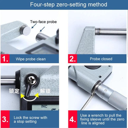 Digital Micrometer for Precise Diameter and Thickness Measurement - 0.001mm resolution micrometer showing four-step zero-setting in workshop