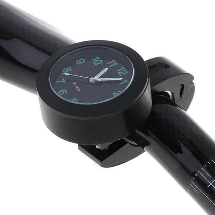Motorcycle Handlebar Clock Watch For Daily Rides Black mounted on black handlebar with luminous dial and aluminum alloy casing