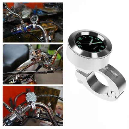 Motorcycle Handlebar Clock Watch For Daily Rides Black mounted on chrome motorcycle handlebar with luminous dial and aluminum alloy casing