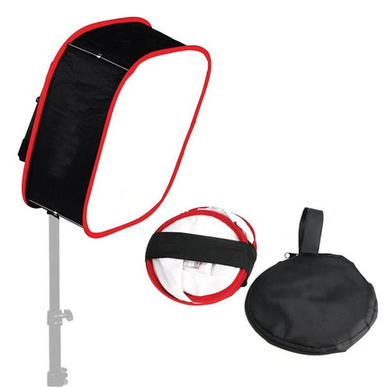 Portable LED Softbox Diffuser for Portrait Photography mounted on stand with folded softbox and carry case