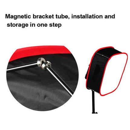 Portable LED Softbox Diffuser for Portrait Photography showing magnetic bracket tube and compact storage with red-trimmed softbox