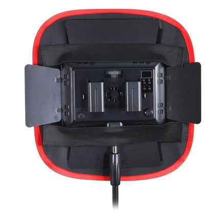 Portable LED Softbox Diffuser for Portrait Photography — top view showing LED panel, barn doors, and mounting handle for on-the-go portrait lighting
