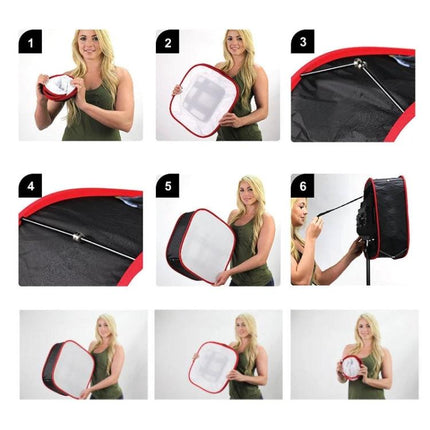 Portable LED Softbox Diffuser for Portrait Photography - foldable softbox demo showing assembly, mounting on light stand, and softening light for portraits
