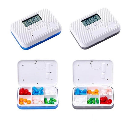 Electronic Pill Box Six-Grid Reminder for Daily Meds showing compact six-compartment organizer with digital timer for home, travel, and desk use