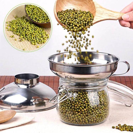 Stainless Steel Food Funnel 10.9 cm Large Mouth For Easy Use pouring beans into a glass jar with wide mouth and filter