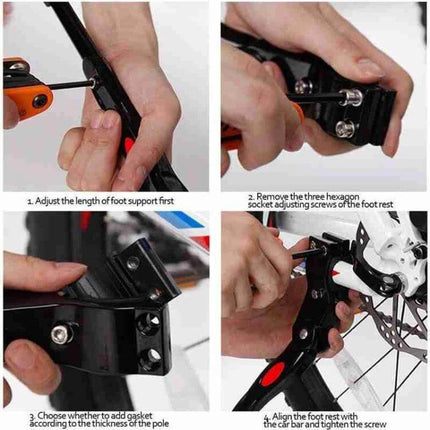 26 Inch Aluminum Alloy Bike Parking Foot Support Stable adjustable 35-40cm black mount showing installation steps and screws