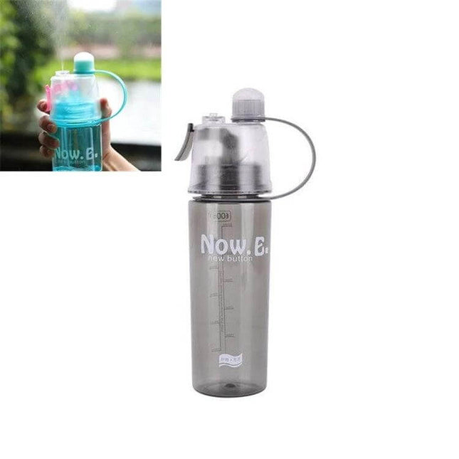 Creative Spray Water Bottle Portable With Lid 400ml For Gym And Outdoor Use shown in translucent gray with leak-proof lid and carrying loop