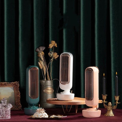 Retro Style Desktop Fan with Humidification and Cooling shown on desk in vintage setting, three color variants, USB-powered humidifying fan