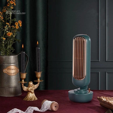 Retro Style Desktop Fan with Humidification and Cooling on desk in retro room, USB-powered humidifying cooling fan