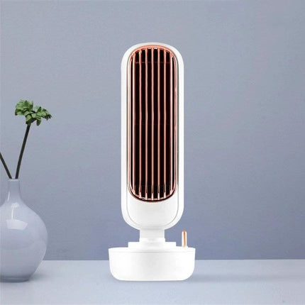 Retro Style Desktop Fan with Humidification and Cooling on a desk USB-powered compact retro design in white and rose gold