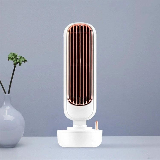 Retro Style Desktop Fan with Humidification and Cooling on a desk USB-powered compact retro design in white and rose gold