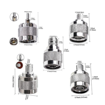 N Type Low Loss RF Coaxial Connectors for Various Cables - chrome 50-ohm N-type connector with measurements for antenna and RF signal transmission