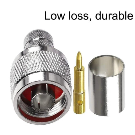 N Type Low Loss RF Coaxial Connectors for Various Cables - 50Ω durable silver N-type connector with gold pin and crimp sleeve, up to 6GHz