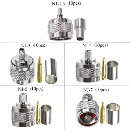 N Type Low Loss RF Coaxial Connectors for Various Cables - assortment of silver 50-ohm N-type low-loss RF coaxial connectors and pin/crimp sleeves up to 6GHz